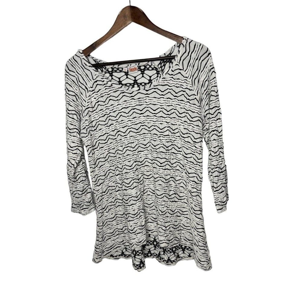 Tianello sz Large white black texture high‎ low tunic knit top